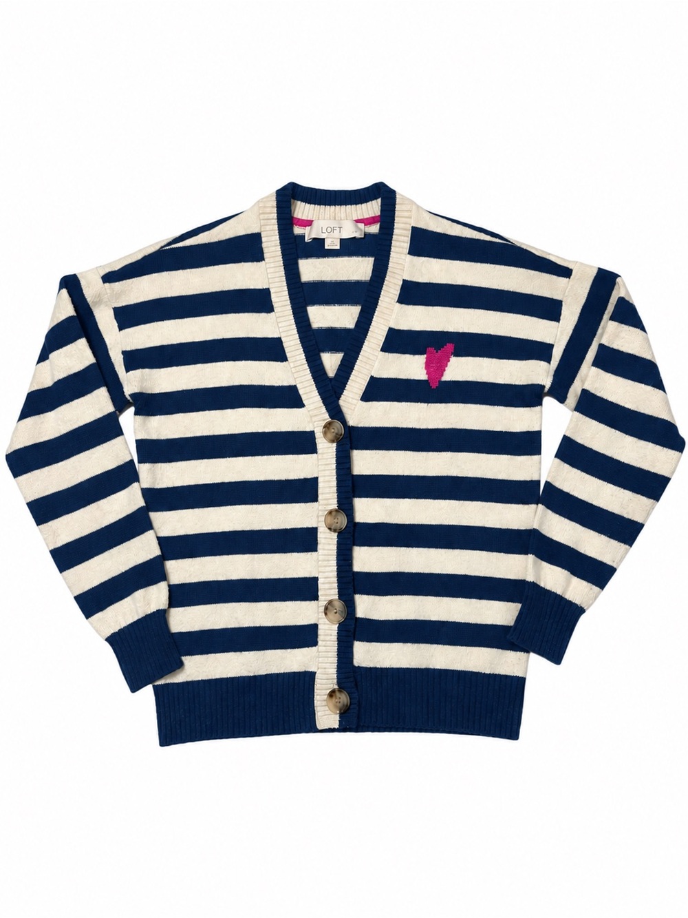 LOFT Navy and Cream Striped Button-Up Cardigan with Pink Heart size xsp